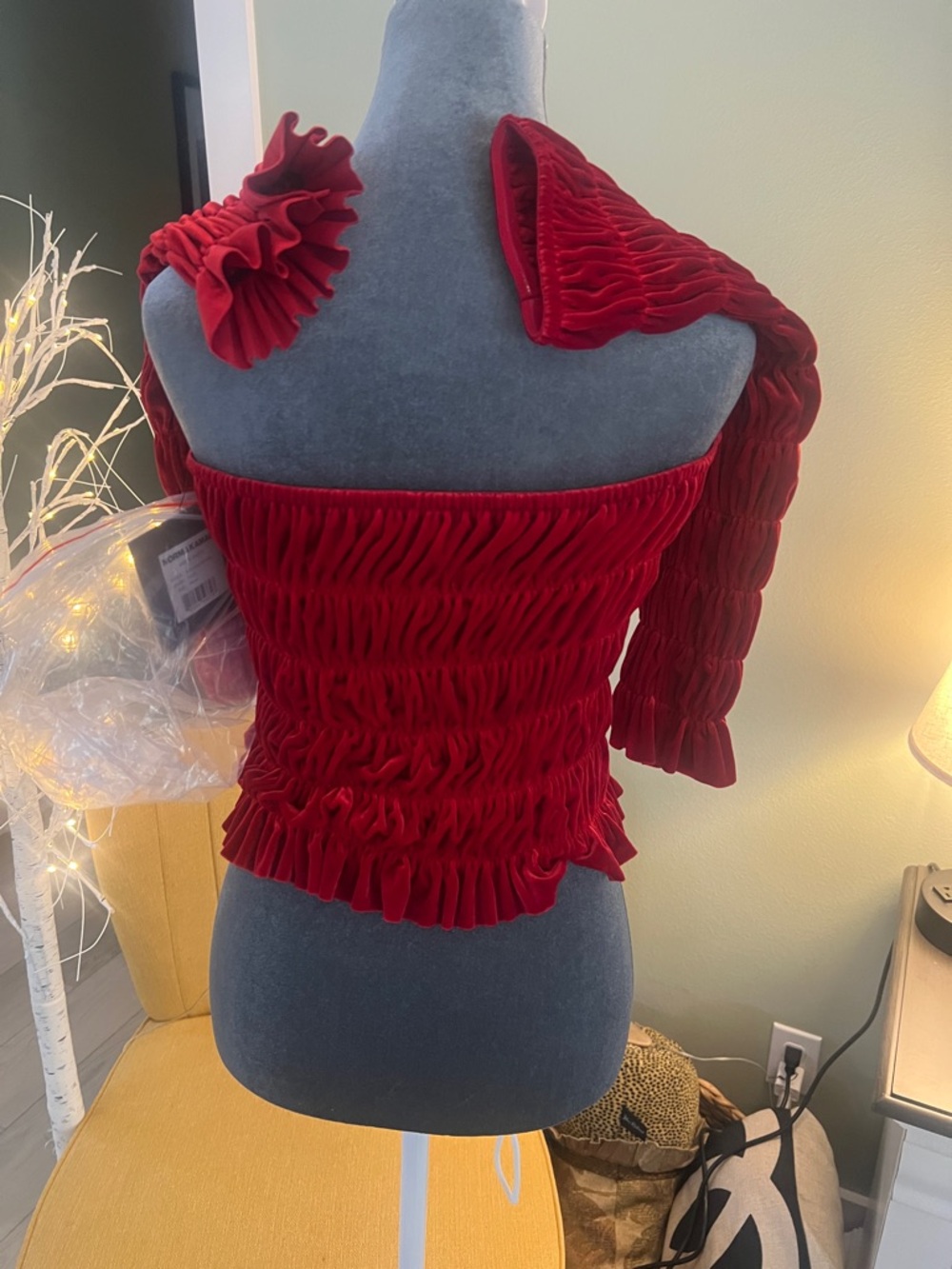 Norma Kamali Red Ruched Square-Neck Tube Top with separate sleeves - Picture 3 of 10